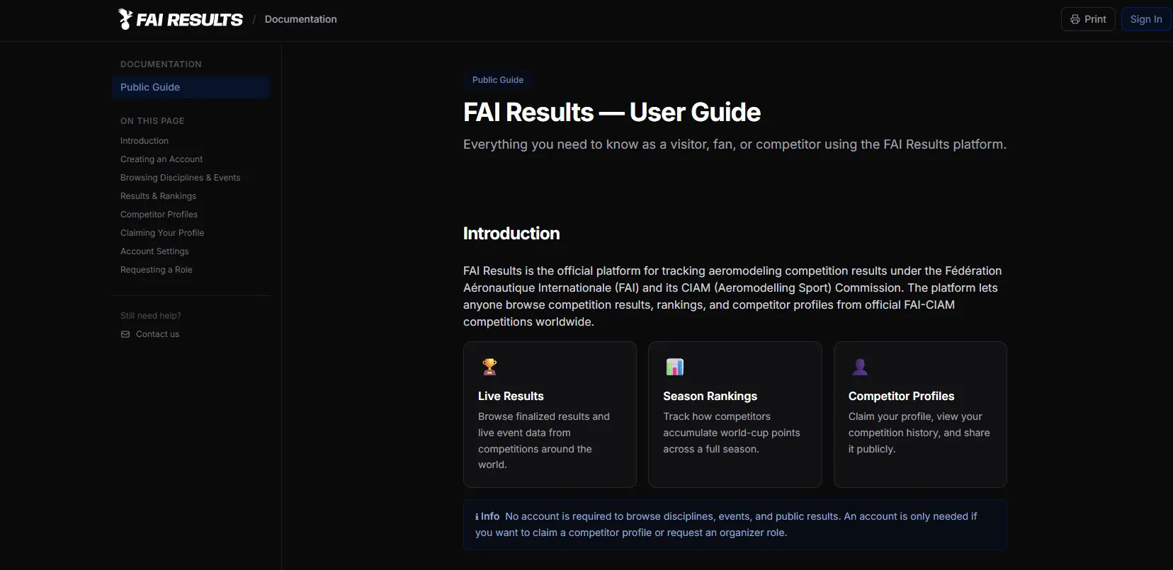 The FAI Results public guide, introducing live results, season rankings and competitor profiles