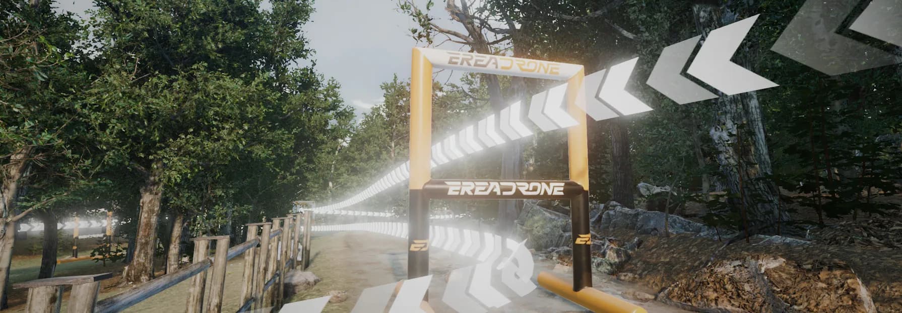 An FPV view through EreaDrone gates on a forest track