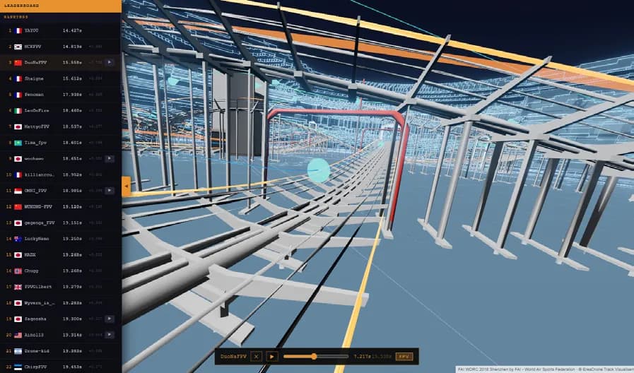 A flight replayed in first-person view inside an indoor venue