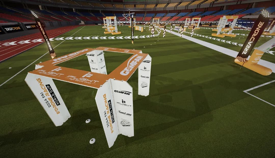 The 2024 FAI Drone Racing World Cup track in Italy, rebuilt with its sponsor gates