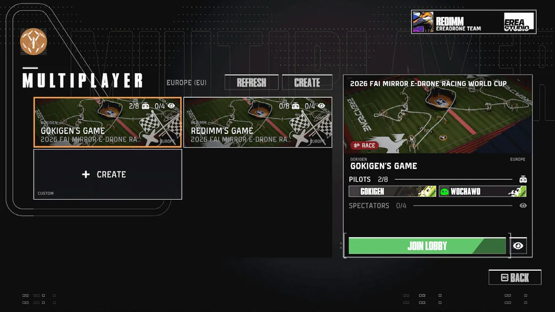 The multiplayer lobby listing online rooms, including a 2026 FAI World Cup track