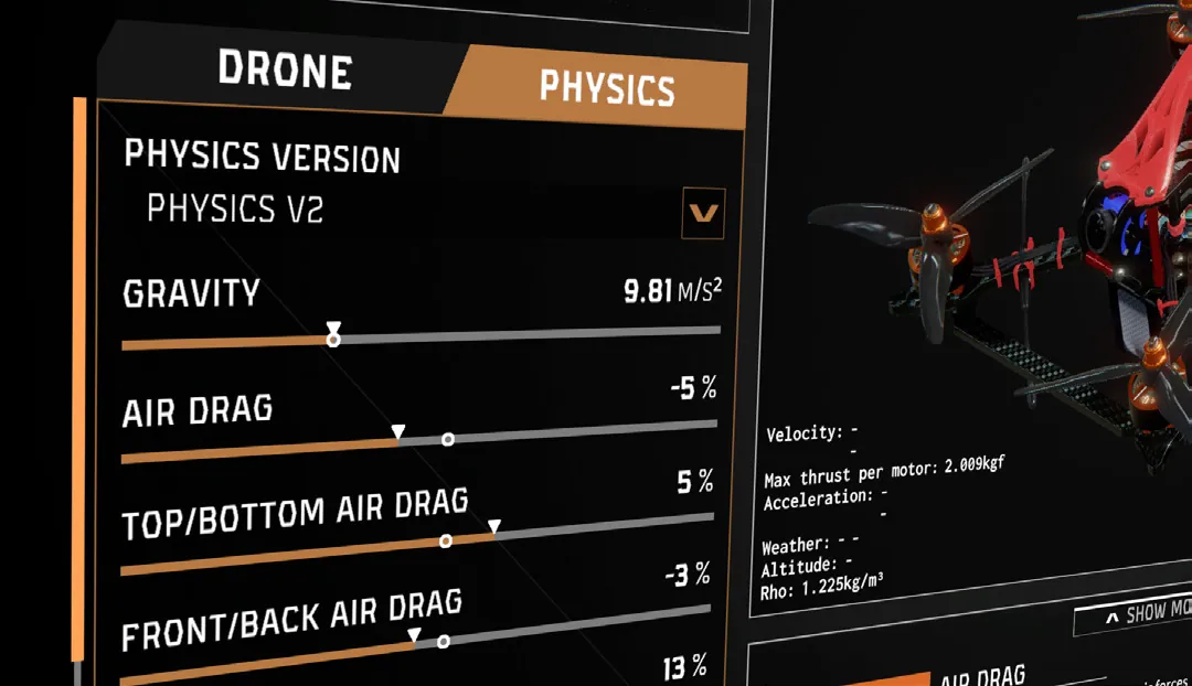 The Physics V2 settings panel: gravity and air drag sliders next to the drone