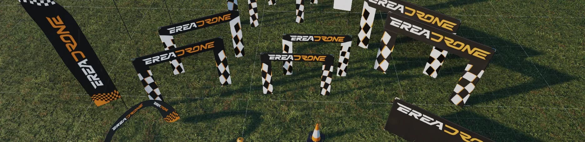 EreaDrone branded gates and flags laid out on grass