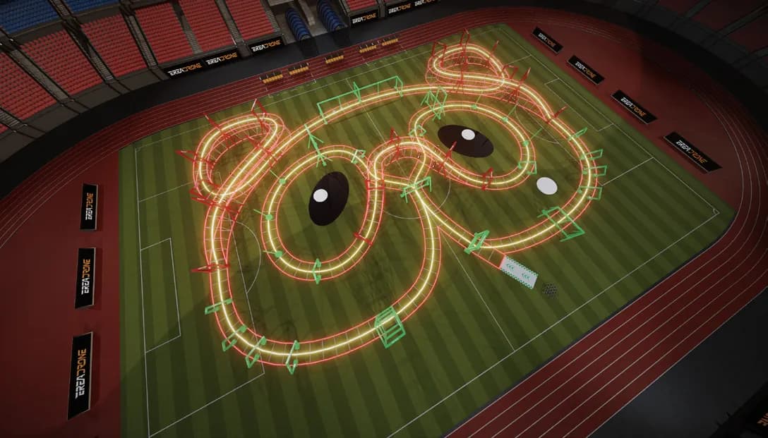 The 2025 World Games drone racing track in Chengdu, lit in the stadium