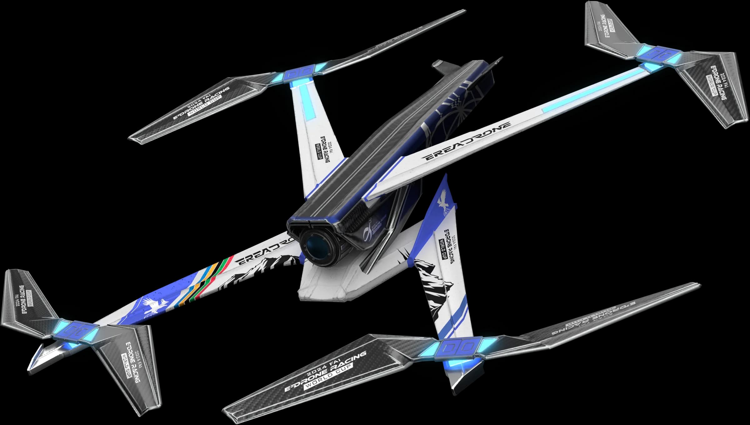 The official FAI e-Drone Racing World Cup drone in its white and blue livery