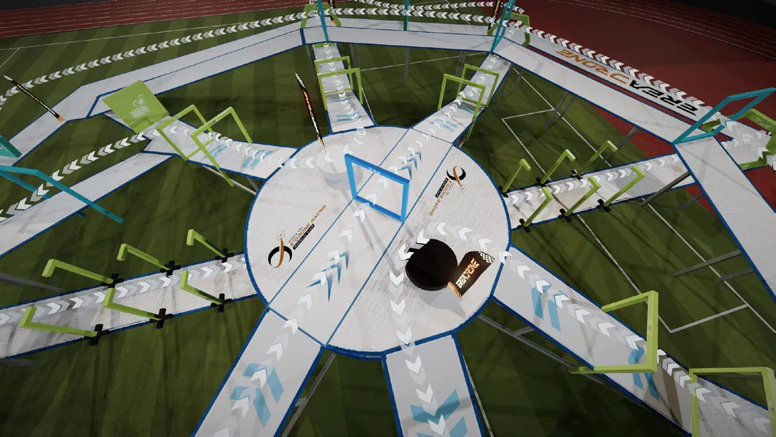 The 2024 FAI World Drone Racing Championship track in Hangzhou, rebuilt around its central platform