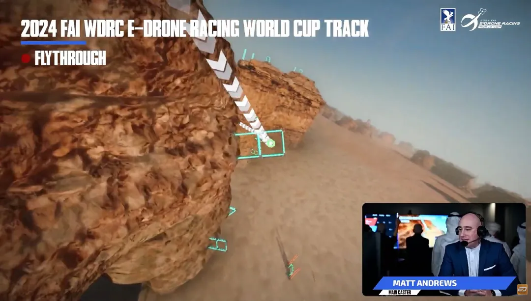 The 2024 FAI Saudi e-Drone Racing World Cup live-stream, with Matt Andrews commentating in a picture-in-picture